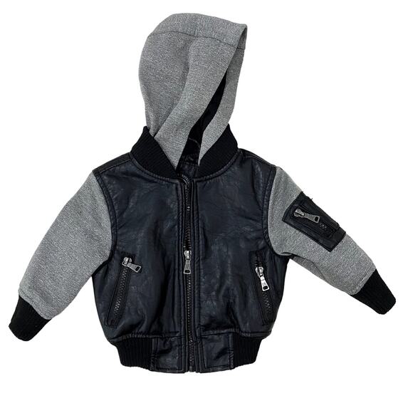 Urban Republic Baby Faux Leather Hooded Jacket in Black & Gray Size 6-9M - Picture 1 of 7